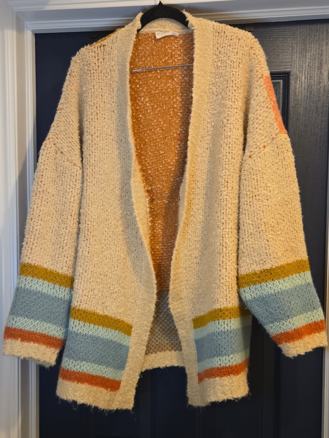 Natural Life L/Xl Cream Open-Front Cardigan With Blue, Mustard & Rust Stripes